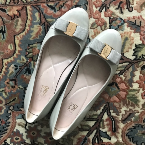 Salvatore Ferragamo Shoes - Grey Ferragamo Bow Flats